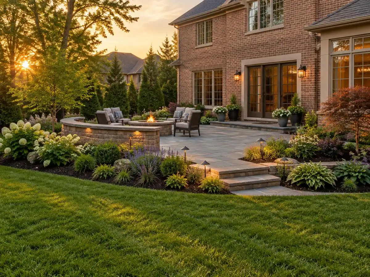 Finished stone patio and garden designed and built behind a home in Northbrook, IL