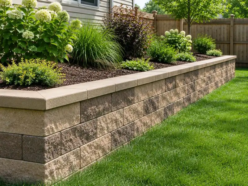 Tan segmental block retaining wall with a cap in Northbrook, IL