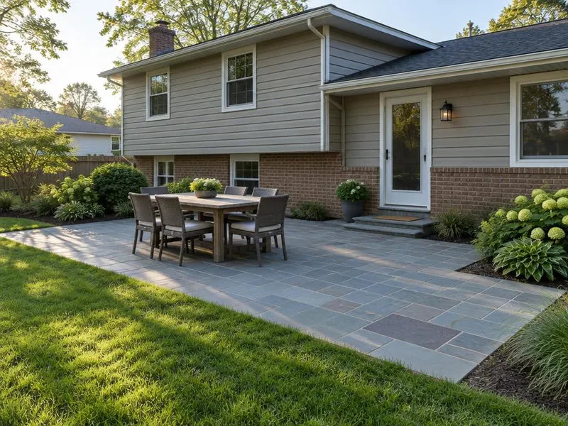 Rectangular bluestone patio with outdoor dining table in Northbrook, IL