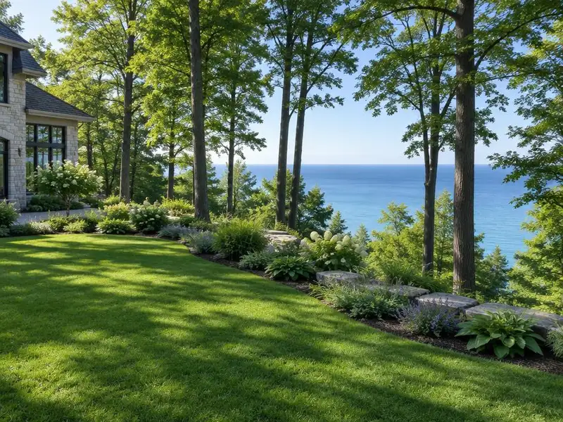 Lawn and planting near the lake bluff behind a home in Highland Park, IL
