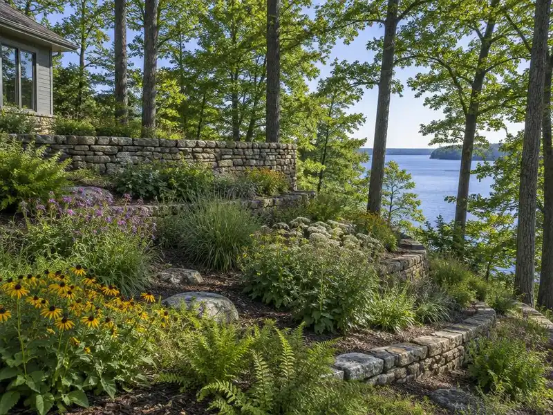 Terraced planting near a wooded lake bluff behind a home in Winnetka, IL