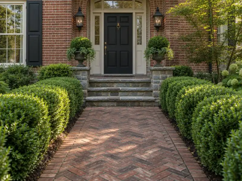 Brick front walk and stone steps at an older home in Winnetka, IL