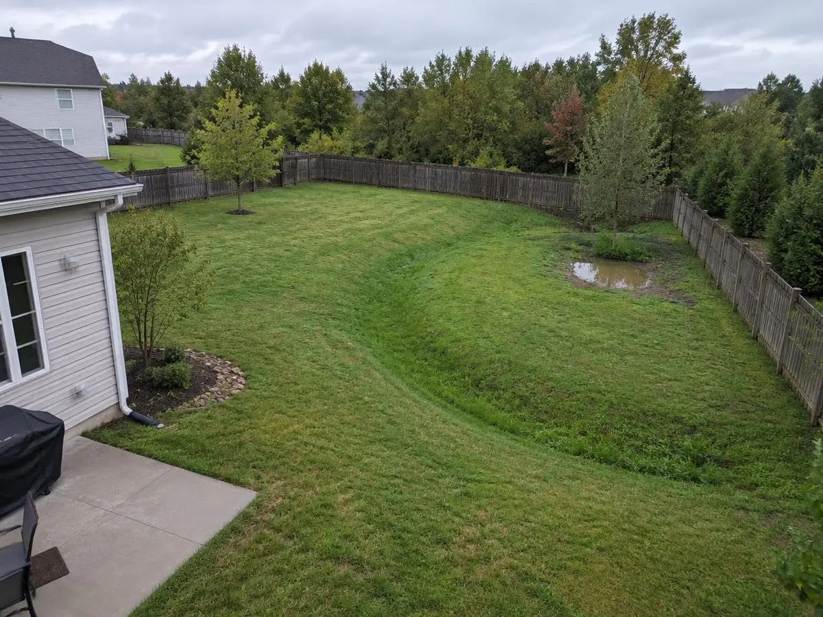 Backyard with a regraded swale carrying water away from a home in Northbrook, IL