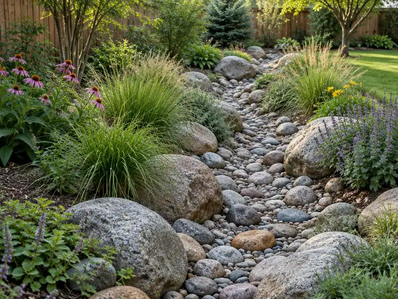 River rock dry creek bed with plantings in a yard in Northbrook, IL