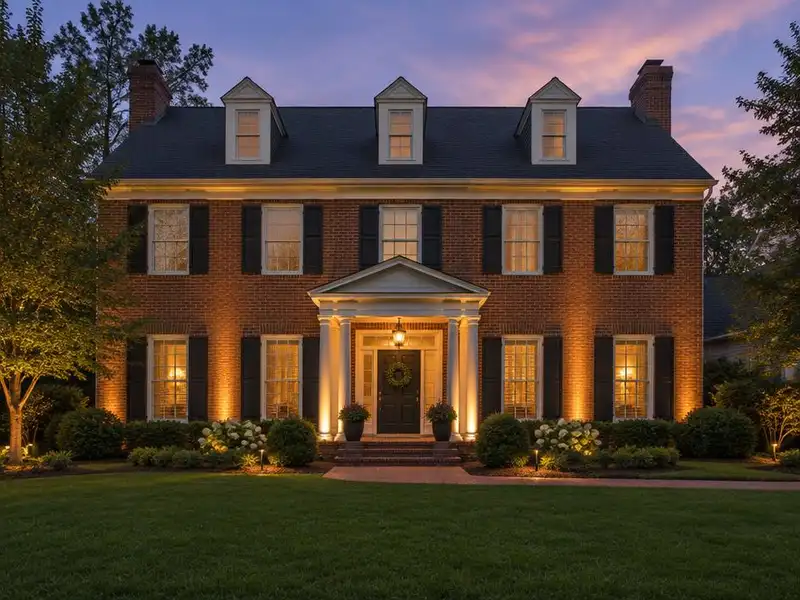 Warm facade lighting on the front of a brick home in Northbrook, IL
