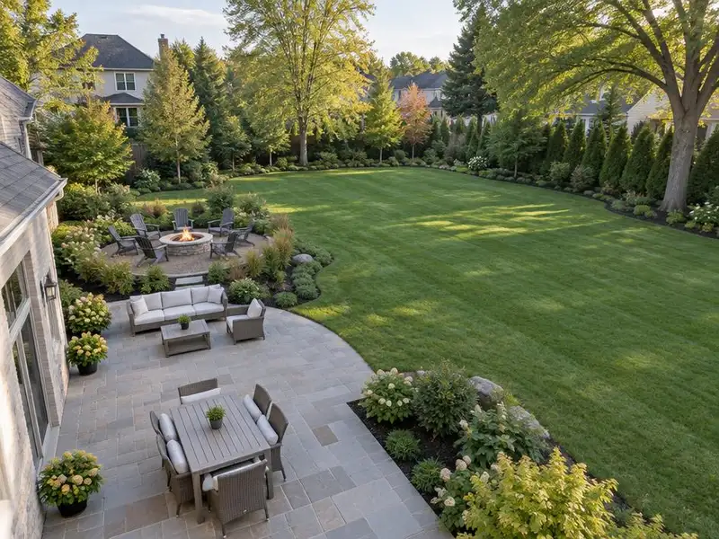 Backyard with a patio, fire pit and open lawn in Deerfield, IL