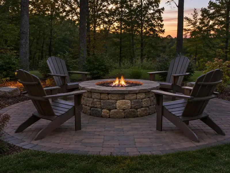 Round stone fire pit with Adirondack chairs in Northbrook, IL
