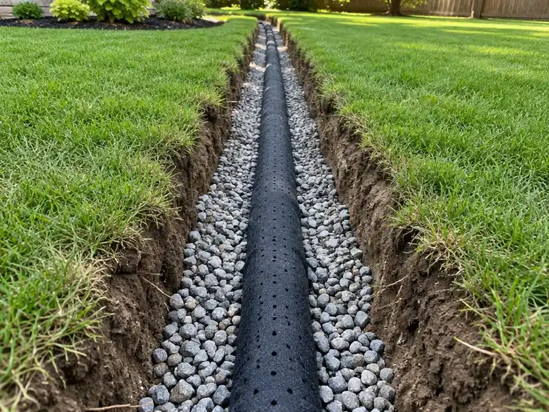 Open French drain trench with gravel and perforated pipe in Northbrook, IL