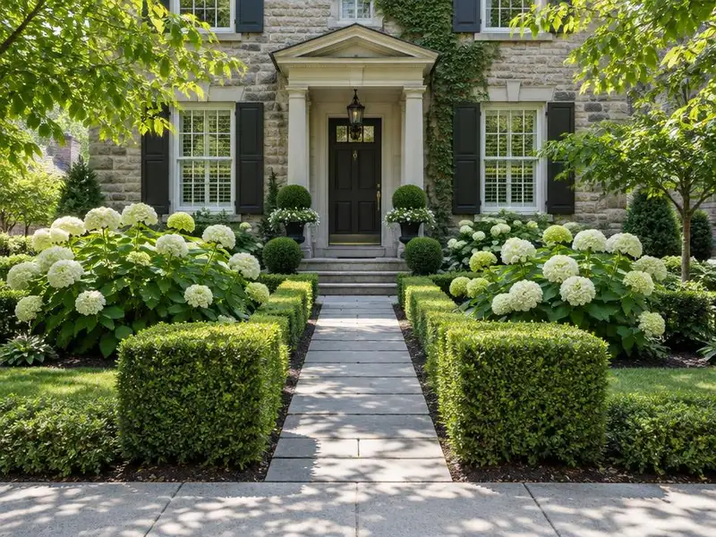 Formal front garden with boxwood and a stone walk in Winnetka, IL