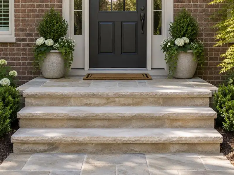 Wide natural stone front steps with a landing at a home in Northbrook, IL