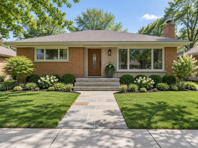 New stone front walk and steps at a mid-century home in Glenview, IL