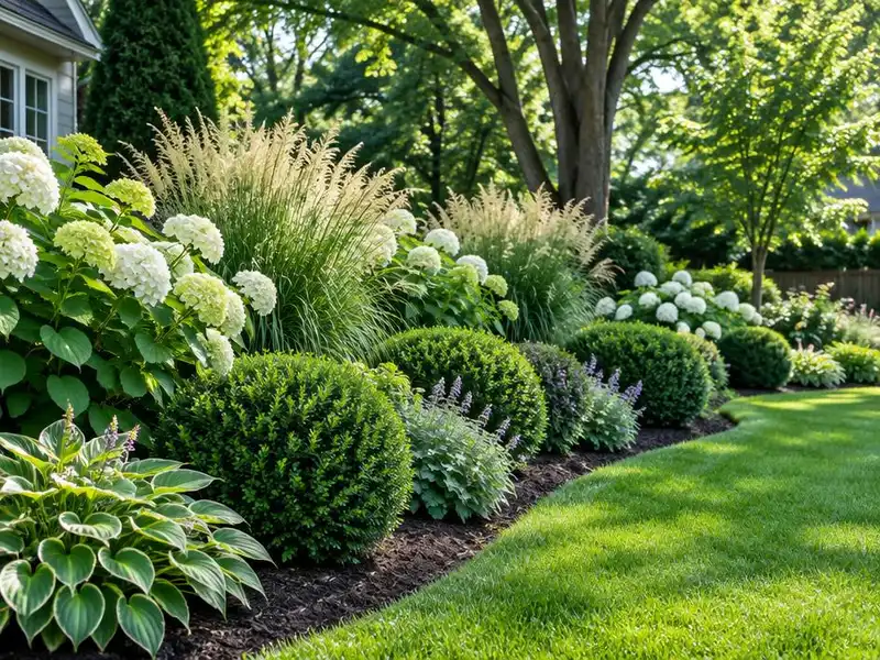 Perennial garden beds with a curved lawn edge in Northbrook, IL