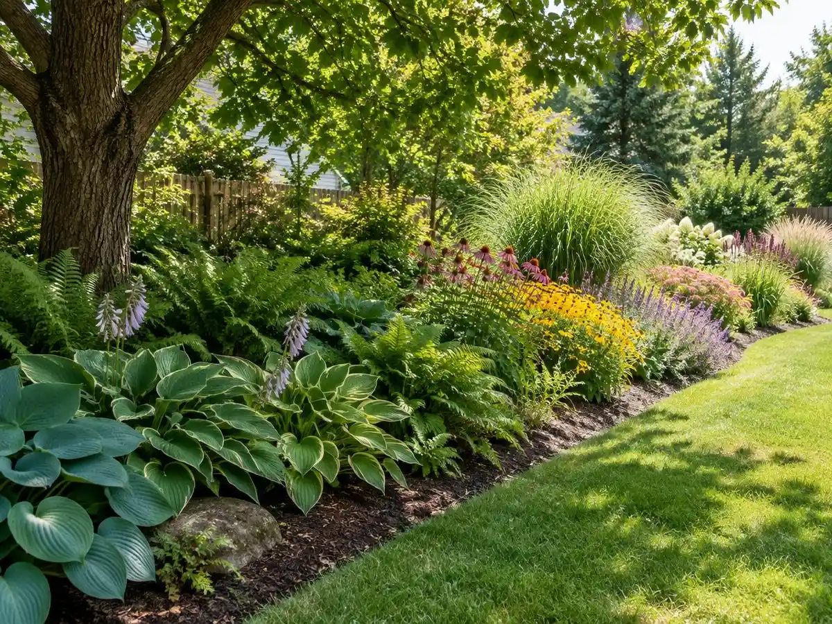 Garden bed moving from shade plants under a tree to sun perennials in Northbrook, IL