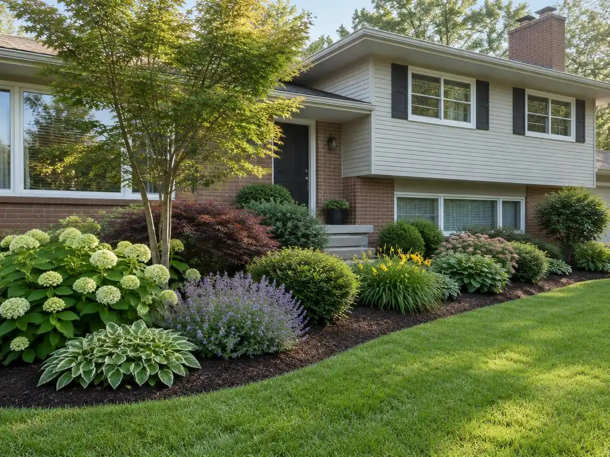 Front yard planting beds with shrubs and perennials at a home in Northbrook, IL