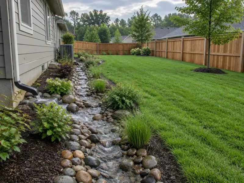 Regraded backyard with a river rock drainage swale in Northbrook, IL