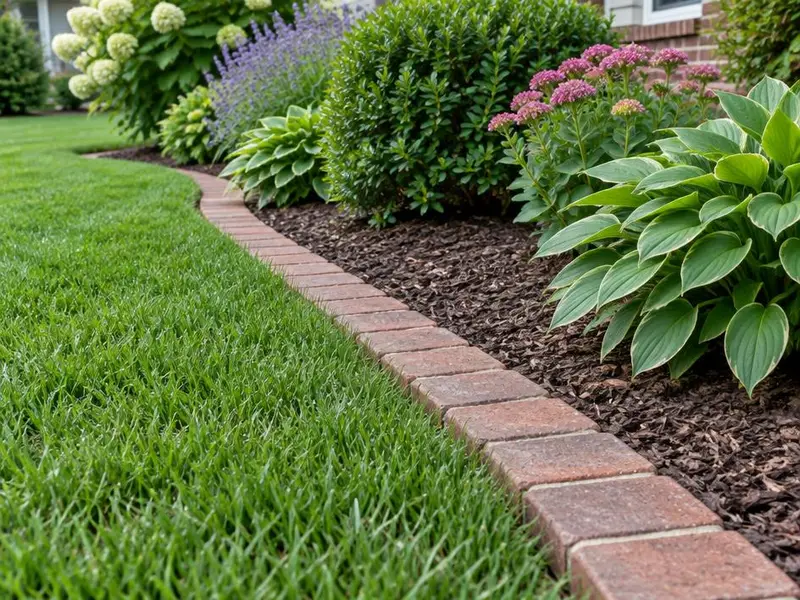 Brick edging between a lawn and a mulched planting bed in Northbrook, IL