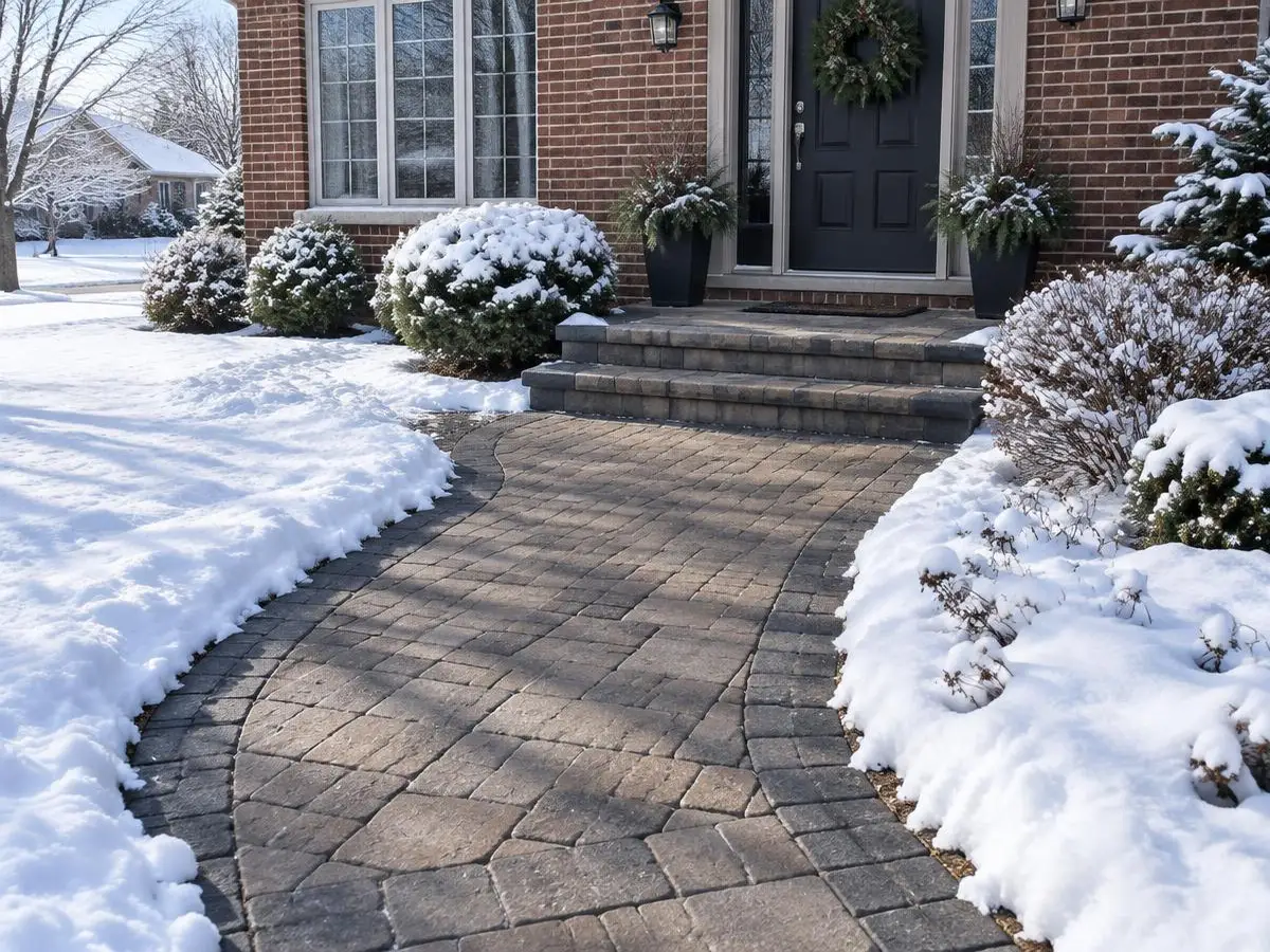 Paver front steps and walkway cleared of snow at a home in Northbrook, IL
