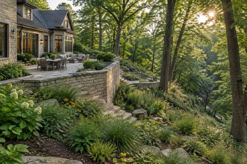 Landscape design behind a home in Highland Park, IL