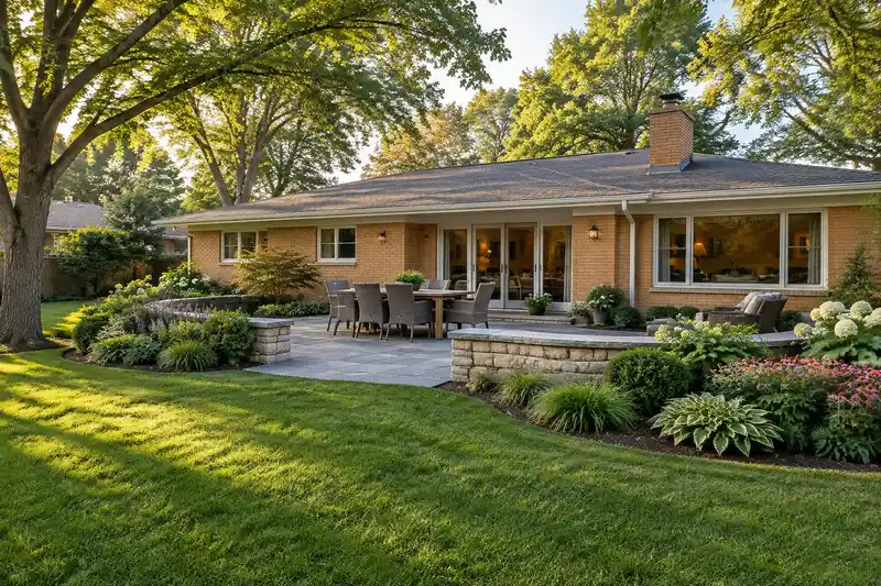 Landscape design behind a home in Northbrook, IL
