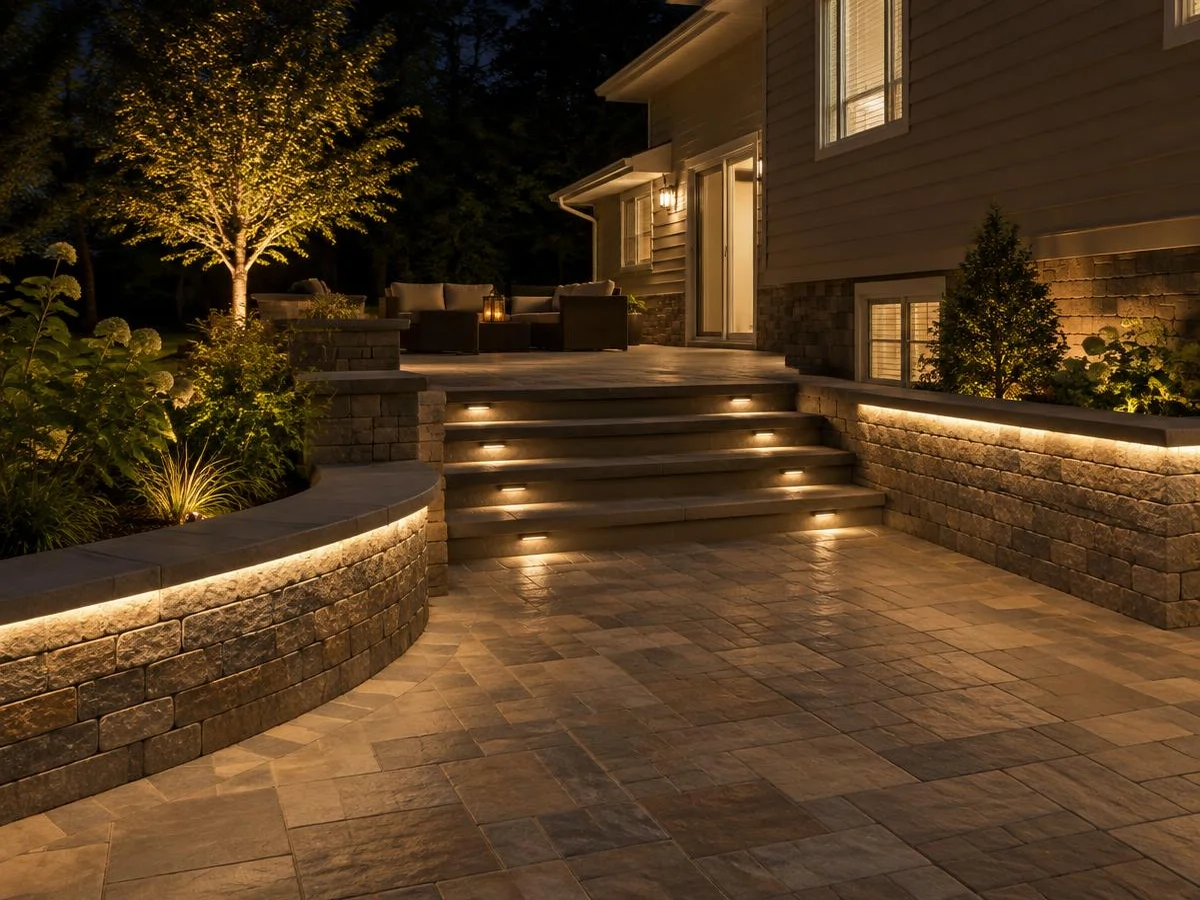 Lit stone patio and steps behind a home at night in Northbrook, IL