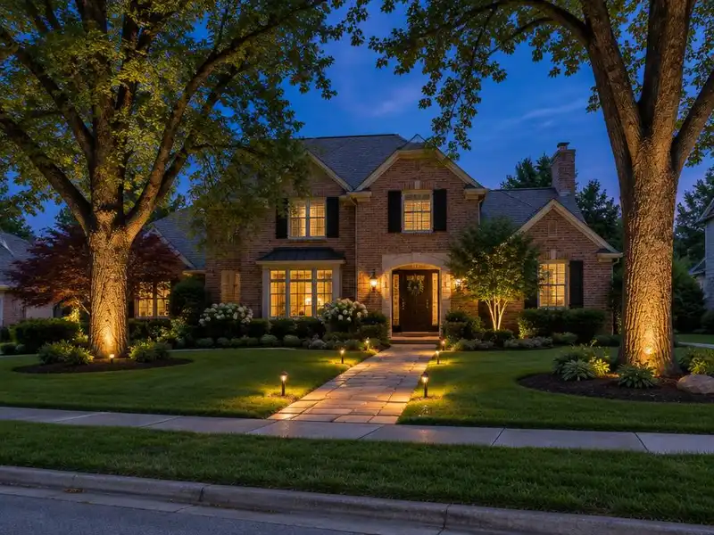 Landscape lighting on a front walkway and trees at dusk in Northbrook, IL