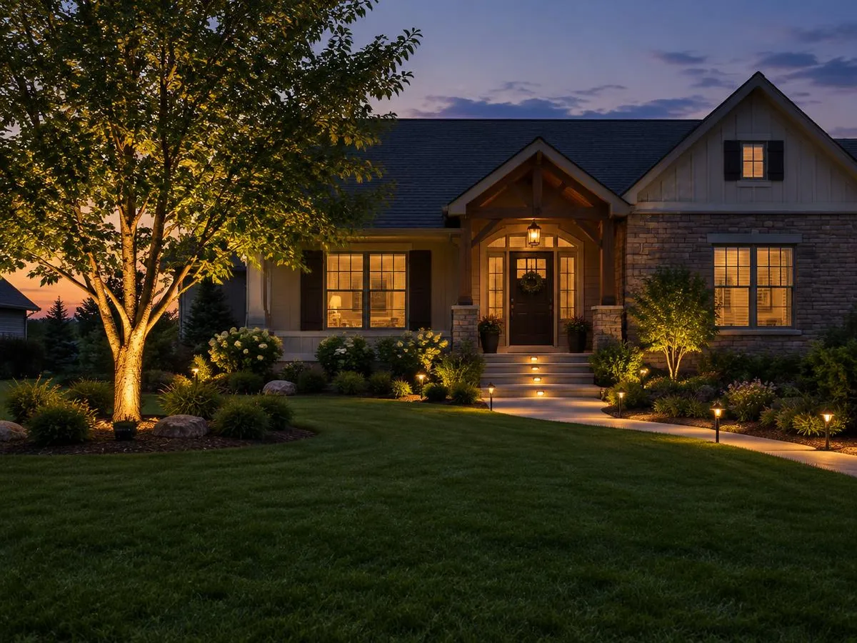 Front yard of a home with path, step and tree lighting at twilight in Northbrook, IL