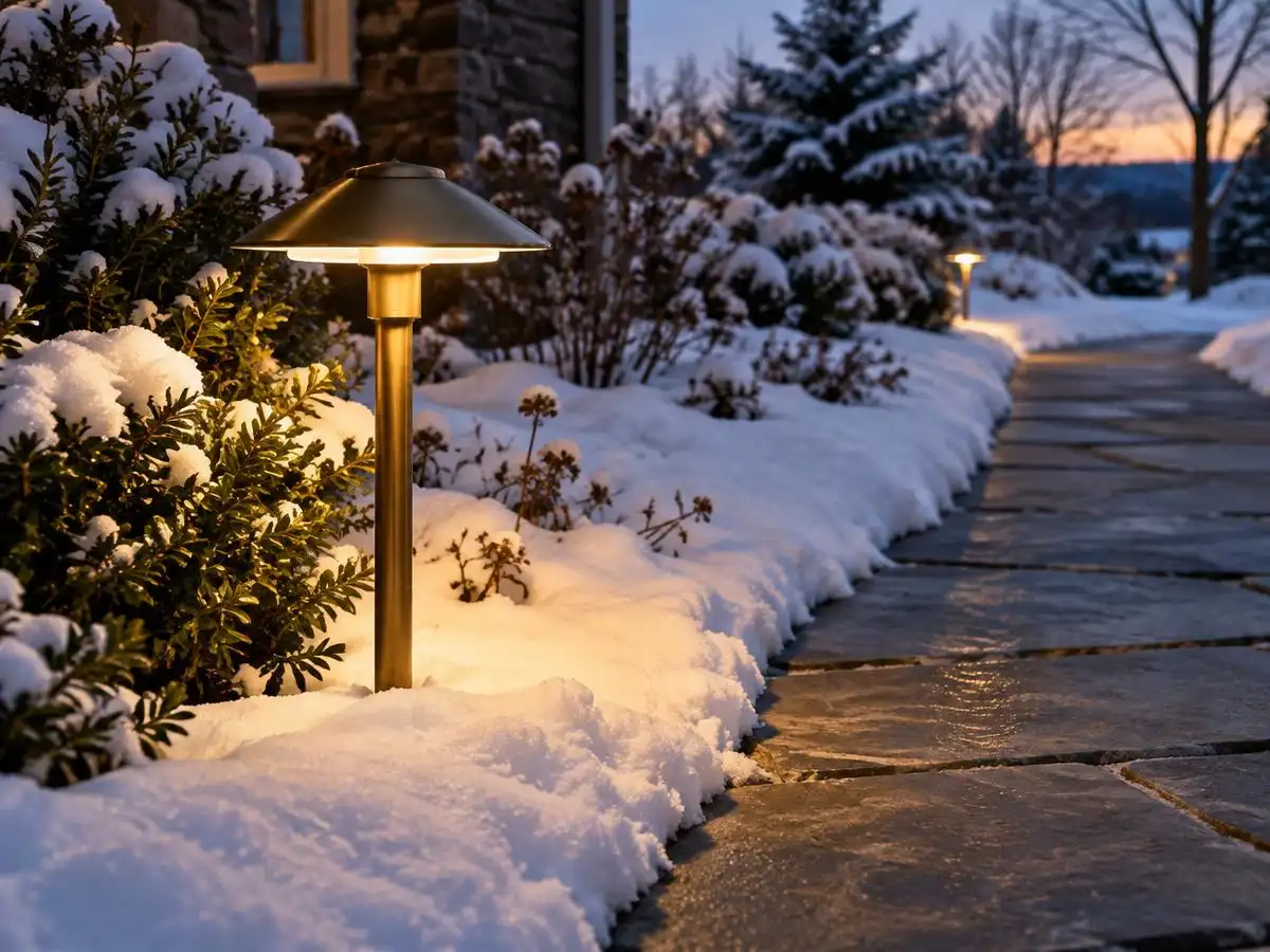 Brass LED path light beside a snowy walkway in Northbrook, IL