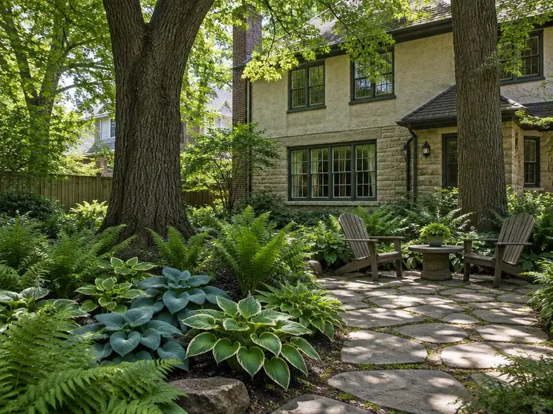 Stone patio and shade garden under mature trees behind an older home in Glenview, IL