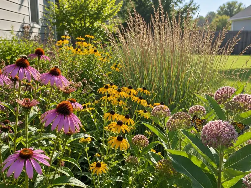 Native pollinator garden with coneflowers and grasses in Northbrook, IL