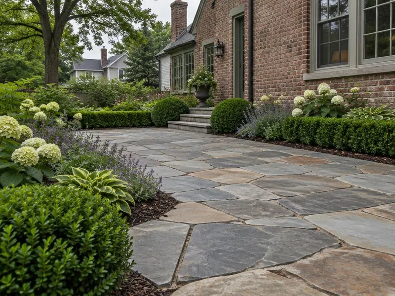 Irregular flagstone patio with planting beds in Northbrook, IL