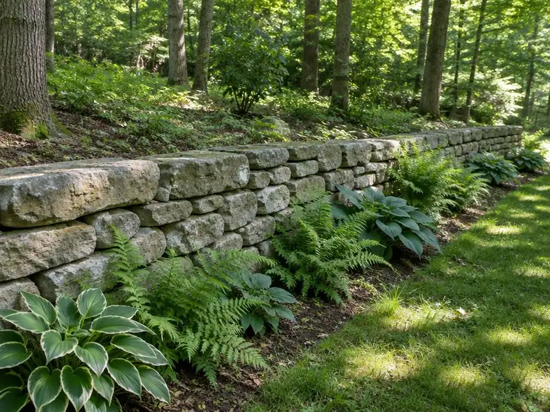 Natural limestone retaining wall along a wooded yard in Northbrook, IL