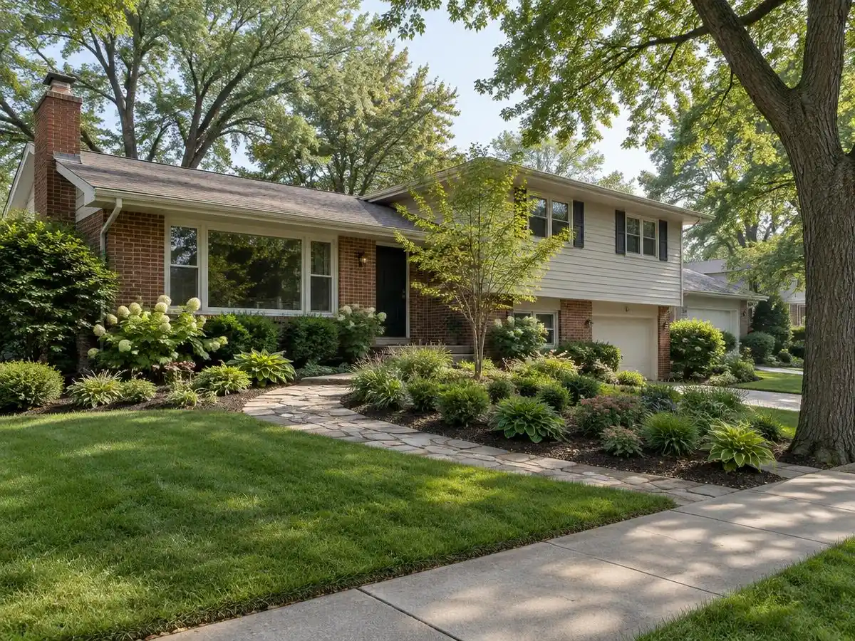 Front yard landscaping with a stone walkway at a split-level home in Northbrook, IL