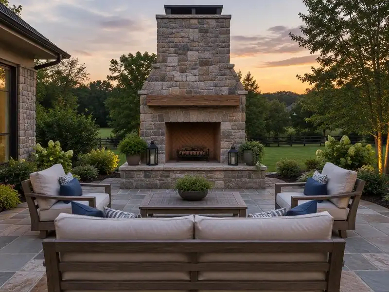 Stone outdoor fireplace at the end of a patio in Northbrook, IL