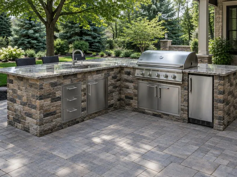 Stone outdoor kitchen island with a built-in grill in Northbrook, IL