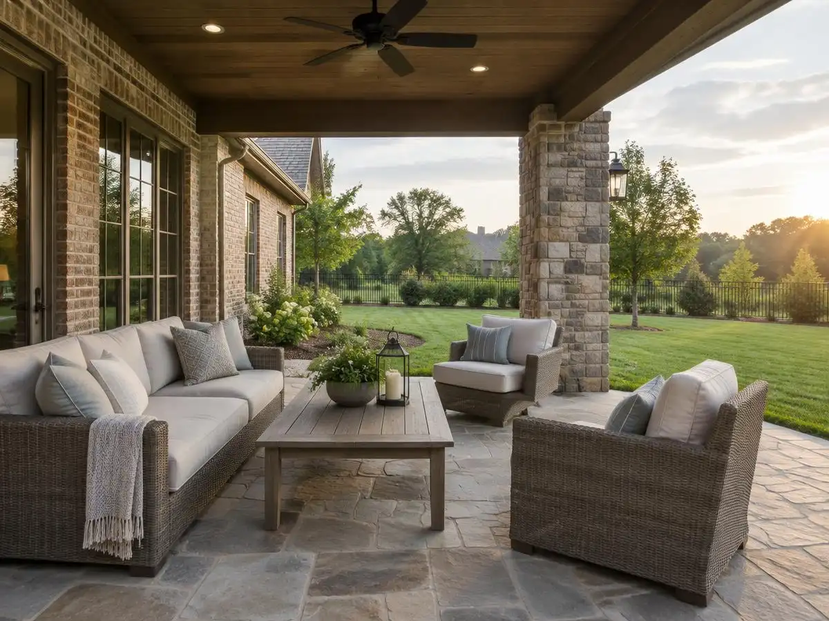 Covered outdoor seating area beside a stone patio at a home in Northbrook, IL