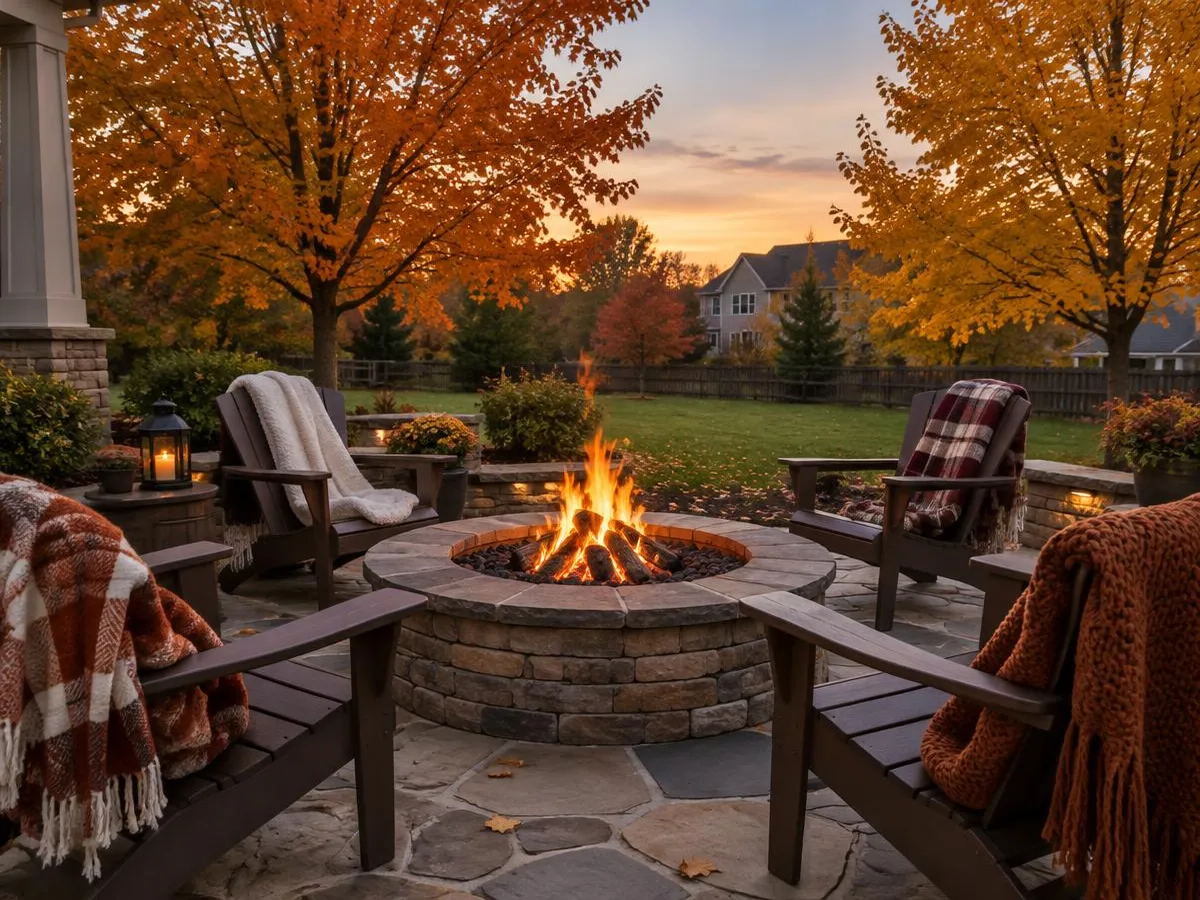 Fire pit and seating on a stone patio on an autumn evening in Northbrook, IL