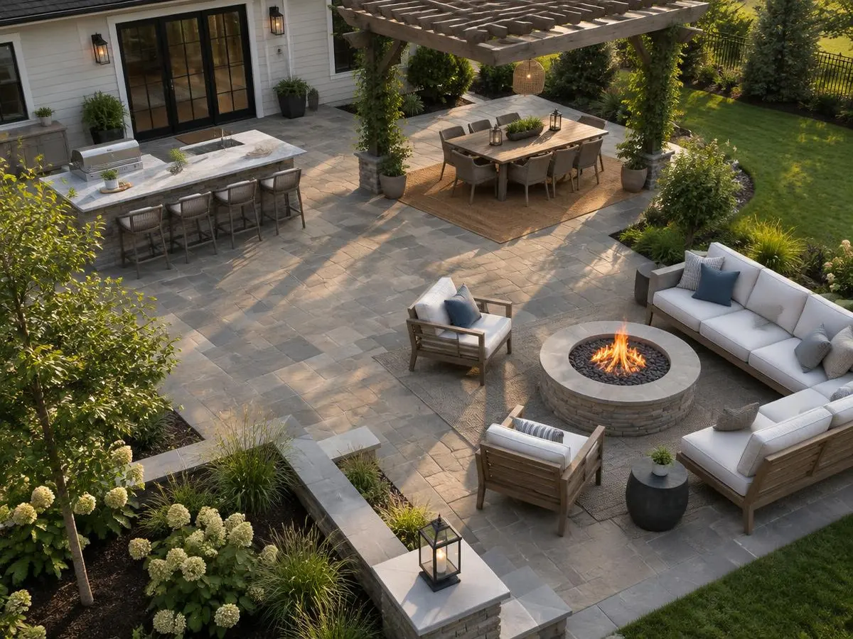 Outdoor kitchen and dining area next to the back door of a home in Northbrook, IL