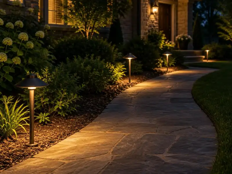 Path lights along a stone walkway at night in Northbrook, IL