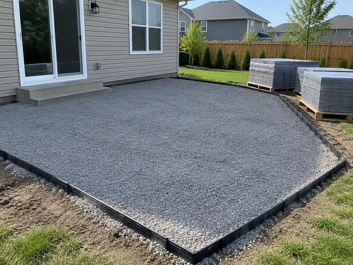 Compacted gravel base and edge restraint for a new patio in Northbrook, IL