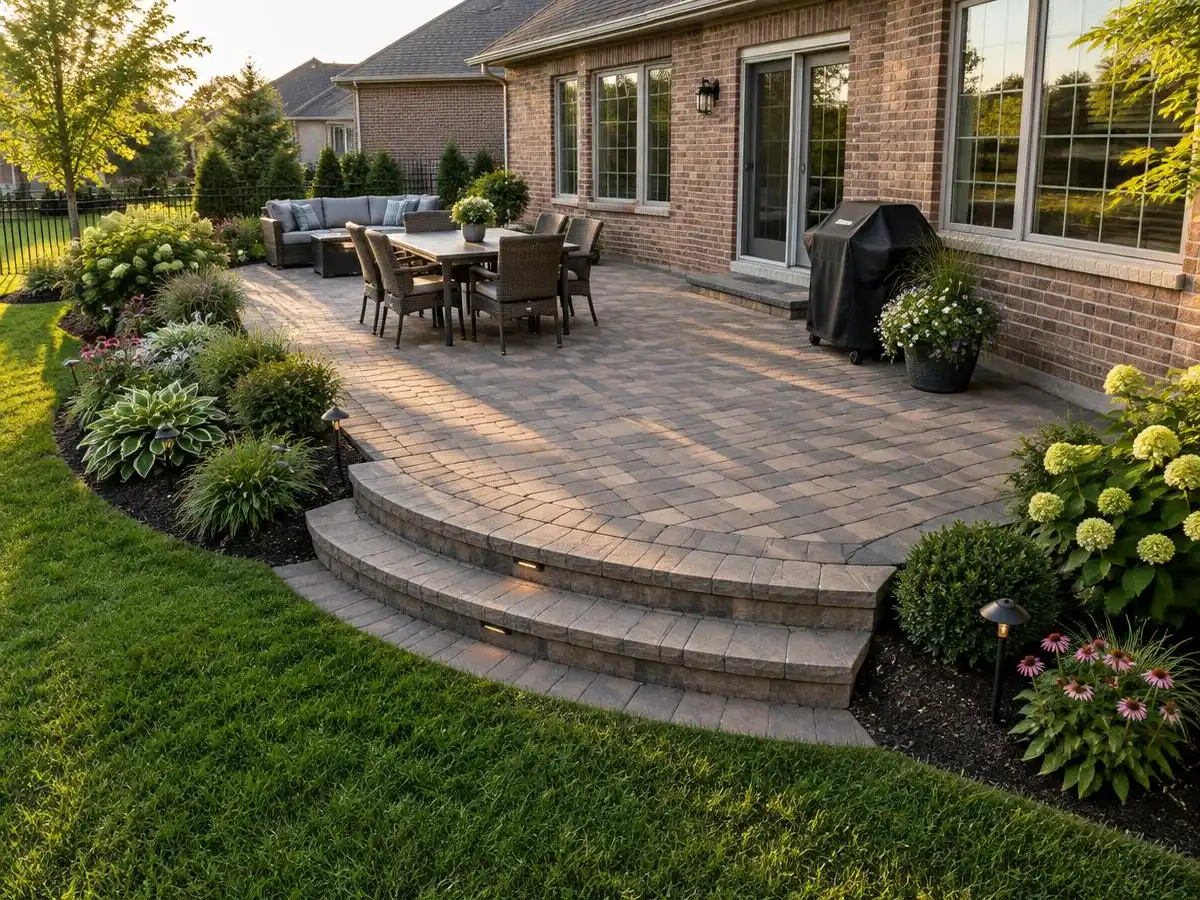 Curved paver patio with steps and planting beds seen from above in Northbrook, IL
