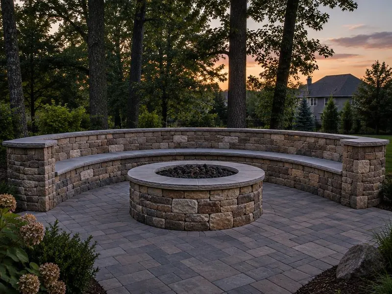 Stone seat wall curving around a fire pit on a patio in Northbrook, IL