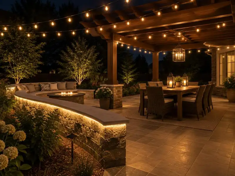 Lit seat wall and outdoor dining area on a patio at night in Northbrook, IL