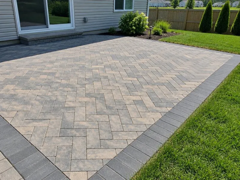 Gray and tan concrete paver patio in a herringbone pattern in Northbrook, IL