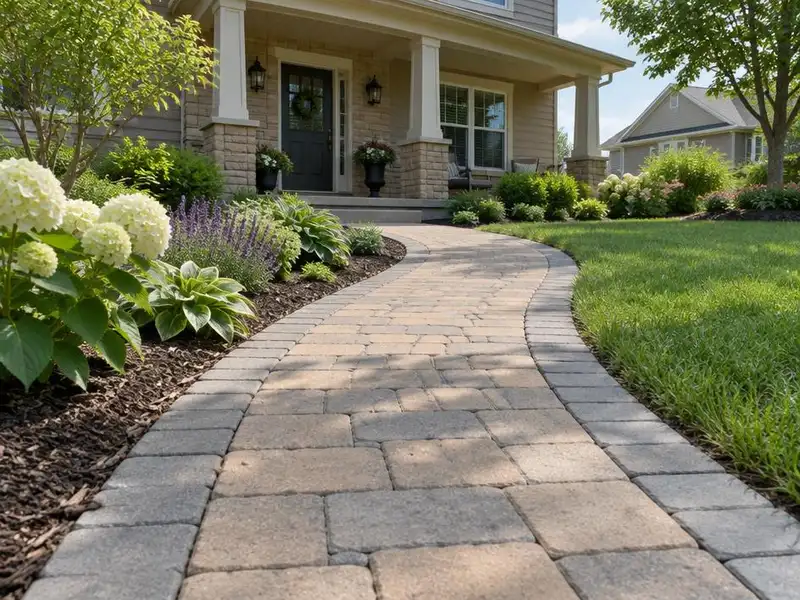 Curved paver walkway through a front yard in Northbrook, IL