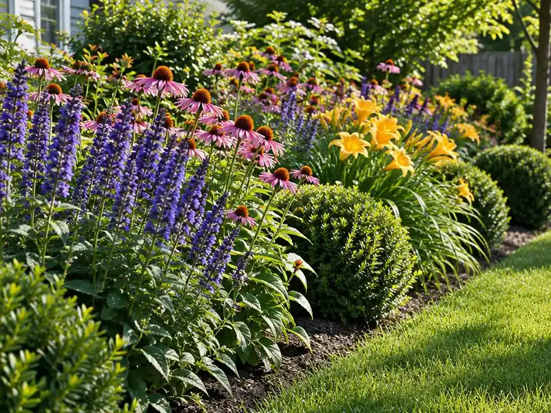 Perennial and shrub bed in bloom in a backyard in Northbrook, IL