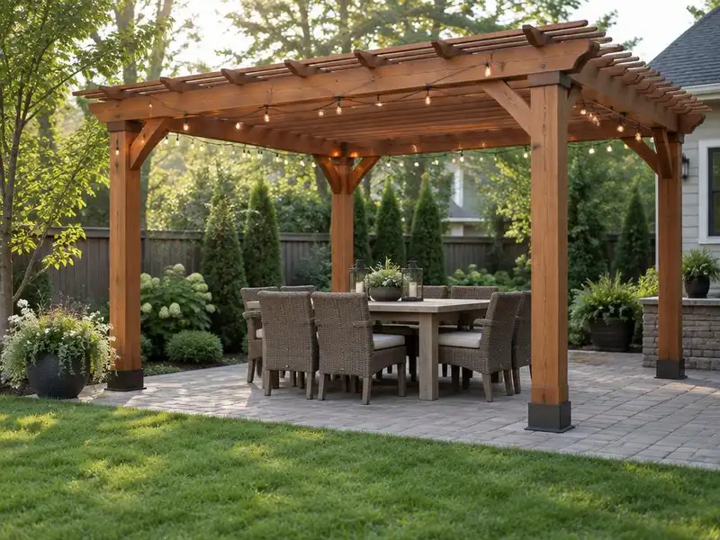 Wood pergola over an outdoor dining table on a patio in Northbrook, IL