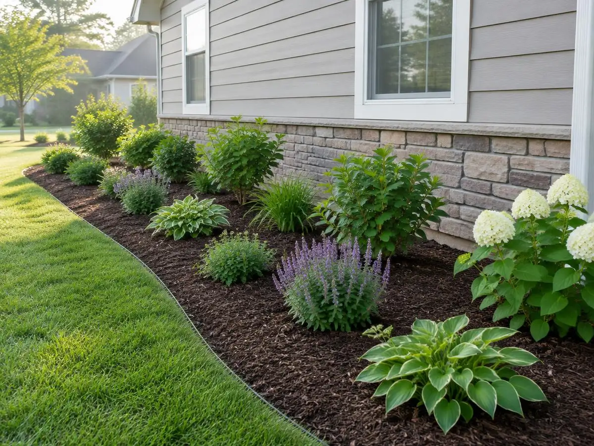 Newly planted garden bed with spaced shrubs and perennials in Northbrook, IL