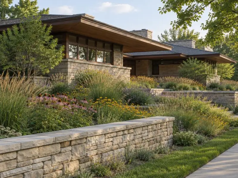 Low limestone walls and planting along a Prairie-style home in Highland Park, IL
