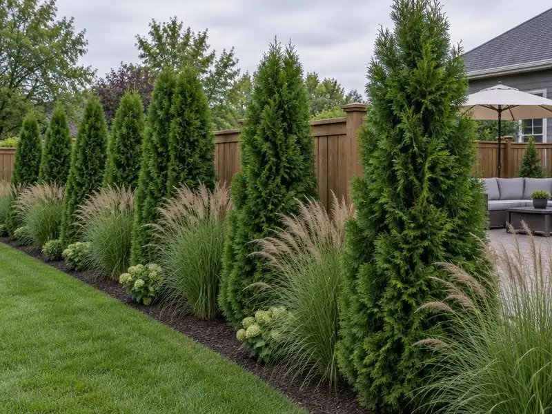 Evergreen privacy screen along a fence in a backyard in Wilmette, IL