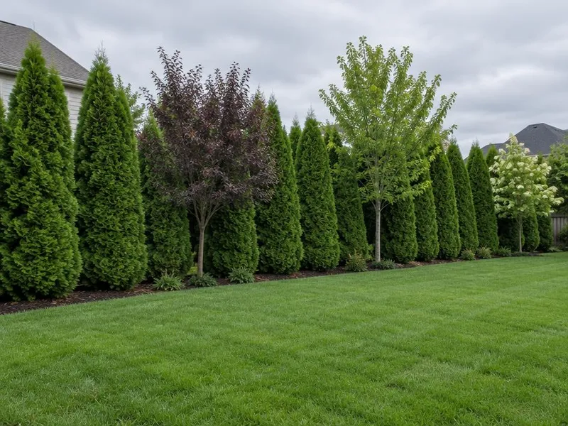 Row of evergreens screening a backyard in Northbrook, IL